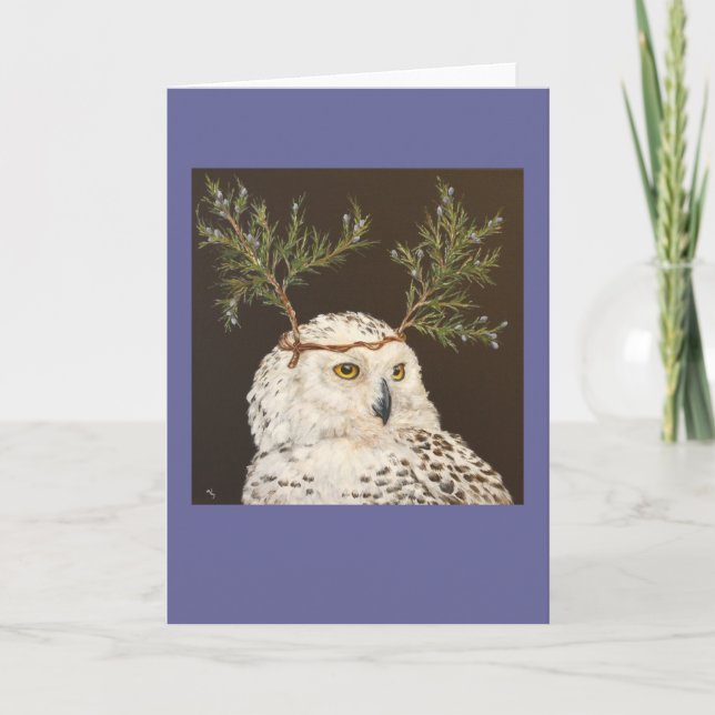 snowy owl with cedar branch hat card (Front)