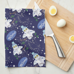 Snowy Owl with Hat Happy Hoots Pattern Christmas Kitchen Towel