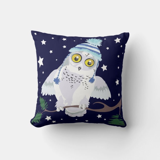 Snowy Owl with Hat~ throw pillow (Front)