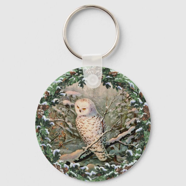 SNOWY OWL & WREATH by SHARON SHARPE Keychain (Front)