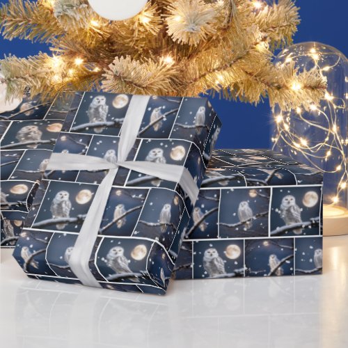 Snowy Owls In Snowflakes Wrapping Paper