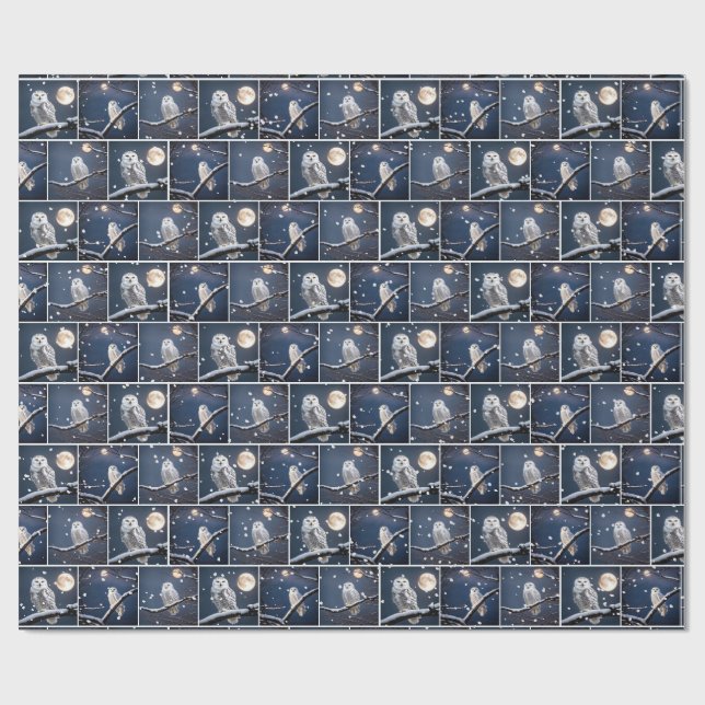 Snowy Owls In Snowflakes Wrapping Paper (Flat)