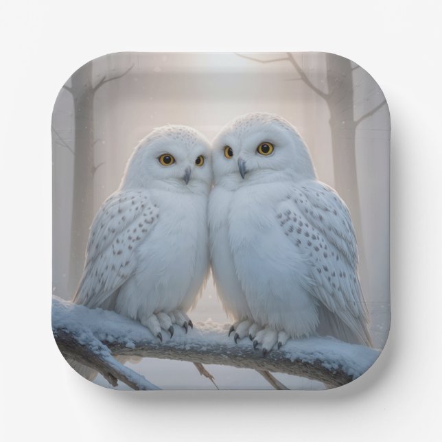 Snowy Owls On a Winter Branch Paper Plates (Front)