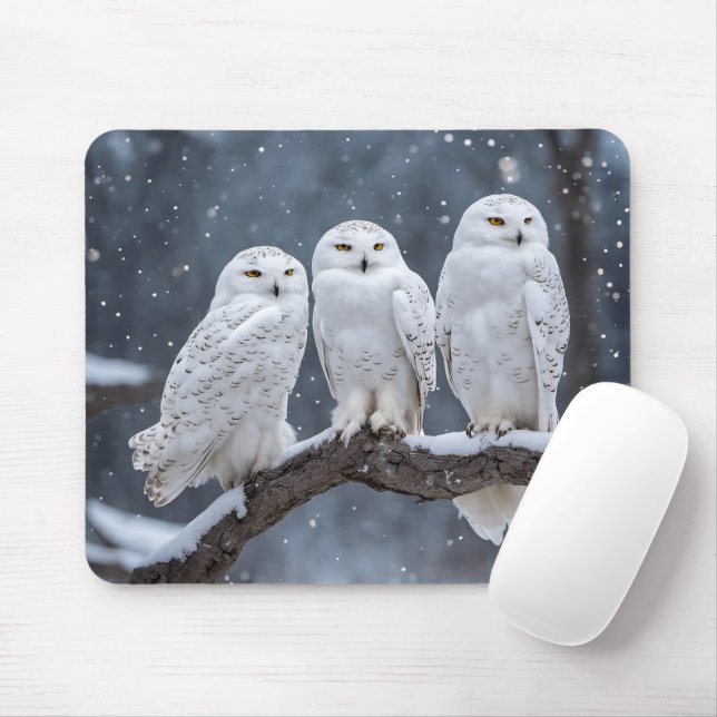 Snowy Owls On Tree Branch Mouse Pad (With Mouse)