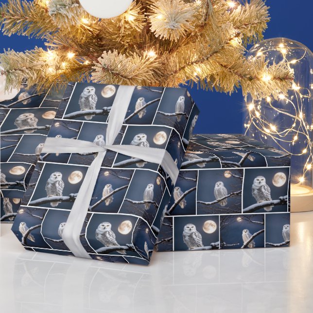 Snowy Owls On Tree Branches Wrapping Paper (Holidays)