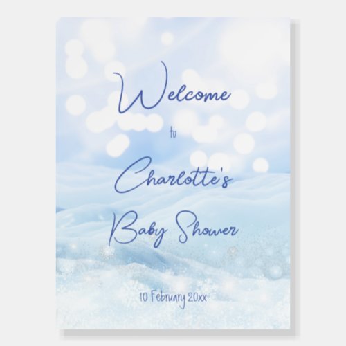 Snowy pastel blue bokeh winter baby shower welcome foam board