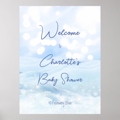 Snowy pastel blue bokeh winter baby shower welcome poster