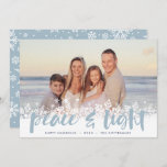 Snowy Peace | Hanukkah Photo Holiday Card<br><div class="desc">Modern Hanukkah photo cards feature your favorite image with a white snowflake border along the bottom. "Peace and light" appears in light blue hand lettered brush typography,  with your names and the year beneath.</div>