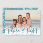 Snowy Peace | Hanukkah Photo Holiday Card<br><div class="desc">Modern Hanukkah photo cards feature your favorite image with a white snowflake border along the bottom. "Peace and light" appears in aqua hand lettered brush typography,  with your names and the year beneath.</div>