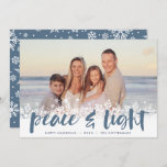 Snowy Peace | Hanukkah Photo Holiday Card<br><div class="desc">Modern Hanukkah photo cards feature your favorite image with a white snowflake border along the bottom. "Peace and light" appears in slate blue hand lettered brush typography,  with your names and the year beneath.</div>