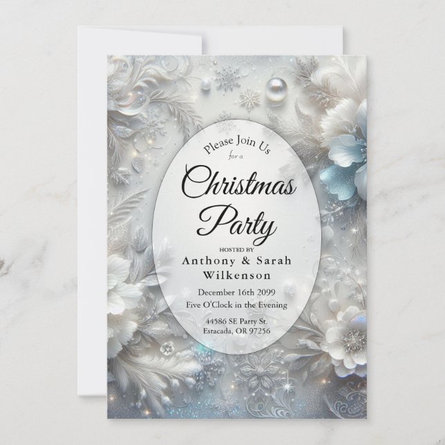 Snowy Petals in Frozen Bloom Christmas Party Invitation (Front)