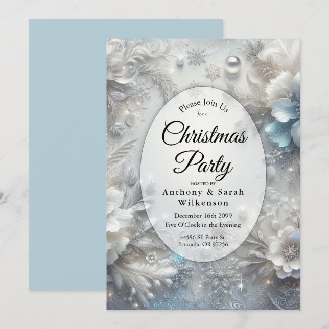 Snowy Petals in Frozen Bloom Christmas Party Invitation (Front/Back)