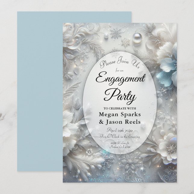 Snowy Petals in Frozen Bloom Engagement Party Invitation (Front/Back)