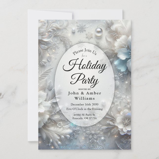Snowy Petals in Frozen Bloom Holiday Party Invitation (Front)