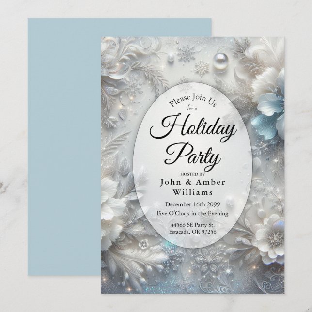 Snowy Petals in Frozen Bloom Holiday Party Invitation (Front/Back)