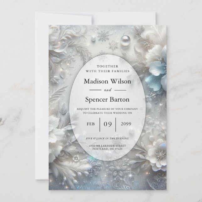 Snowy Petals in Frozen Bloom Wedding Invitation (Front)