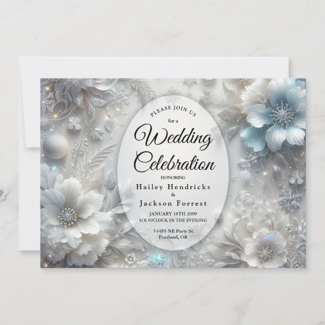 Snowy Petals in Frozen Bloom Wedding Invitation (Front)
