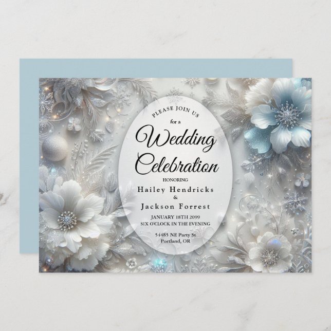 Snowy Petals in Frozen Bloom Wedding Invitation (Front/Back)