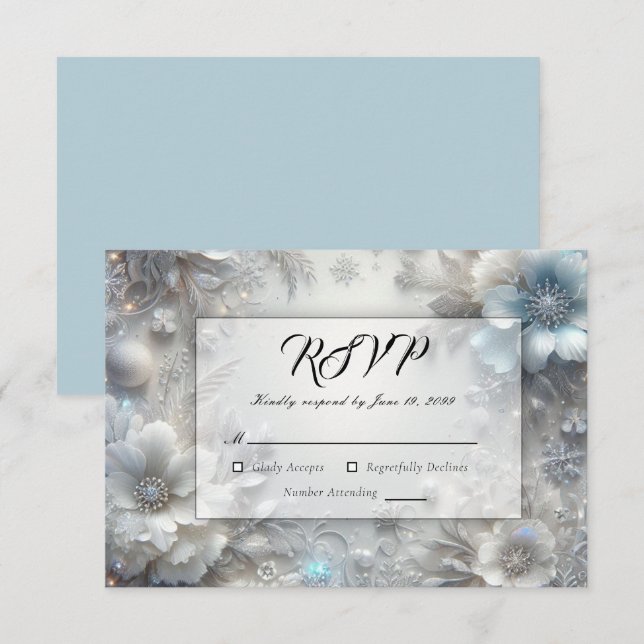Snowy Petals in Frozen Bloom Wedding RSVP Card (Front/Back)