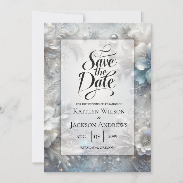 Snowy Petals in Frozen Bloom Wedding Save The Date (Front)