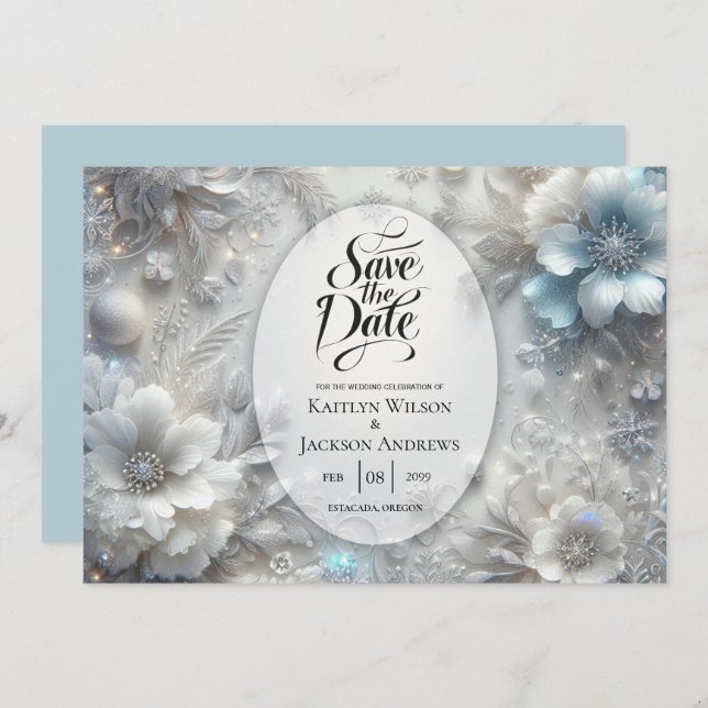Snowy Petals in Frozen Bloom Wedding Save The Date (Front/Back)