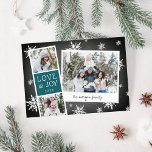 Snowy Photobooth Holiday Photo Collage Card<br><div class="desc">Cute holiday photo card features a photo booth strip with two photos and a text panel reading "Love & Joy, " plus an instant camera-inspired snapshot with a handwritten caption. Personalize with your family name on a rustic chalkboard background dotted with hand drawn white snowflakes.</div>