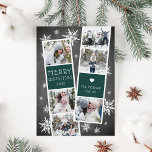 Snowy Photobooth Holiday Photo Collage Card<br><div class="desc">Cute holiday photo card features two photo booth strips, each with three photos and a rich hunter green text panel, for a total of six photos. Personalize with the year and your family name or names in whimsical, festive white lettering, on a rustic chalkboard background dotted with hand drawn white...</div>