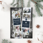 Snowy Photobooth Holiday Photo Collage Card<br><div class="desc">Cute holiday photo card features two photo booth strips, each with three photos and a rich holiday navy blue text panel, for a total of six photos. Personalize with the year and your family name or names in whimsical, festive white lettering, on a rustic chalkboard background dotted with hand drawn...</div>