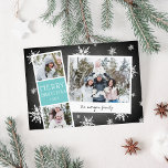 Snowy Photobooth Holiday Photo Collage Card<br><div class="desc">Cute holiday photo card features a photo booth strip with two photos and an icy turquoise text panel,  plus an instant camera-inspired snapshot with a handwritten caption. Personalize with the year and your family name or custom message,  on a rustic chalkboard background dotted with hand drawn white snowflakes.</div>