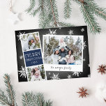 Snowy Photobooth Holiday Photo Collage Card<br><div class="desc">Cute holiday photo card features a photo booth strip with two photos and a navy blue text panel,  plus an instant camera-inspired snapshot with a handwritten caption. Personalize with the year and your family name or custom message,  on a rustic chalkboard background dotted with hand drawn white snowflakes.</div>