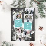 Snowy Photobooth Holiday Photo Collage Card<br><div class="desc">Cute holiday photo card features two photo booth strips, each with three photos and a vibrant icy turquoise text panel, for a total of six photos. Personalize with the year and your family name or names in whimsical, festive white lettering, on a rustic chalkboard background dotted with hand drawn white...</div>