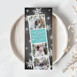 Snowy Photobooth Holiday Photo Collage Card<br><div class="desc">Cute holiday photo card features a photo booth strip with three photos and a vibrant icy turquoise text panel. Personalize with the year and your family name or names in whimsical,  festive white lettering,  on a rustic chalkboard background dotted with hand drawn white snowflakes.</div>