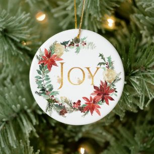 Snowy Pine and Spruce Christmas "Joy" Photo Ceramic Ornament