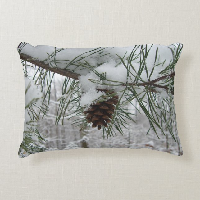 Snowy Pine Branch Winter Nature Photography Accent Pillow (Front)