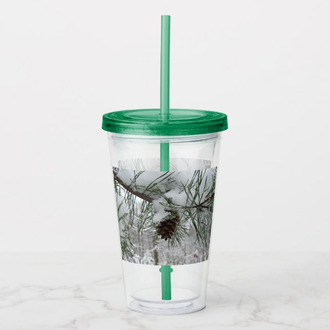 Snowy Pine Branch Winter Nature Photography Acrylic Tumbler (Front)
