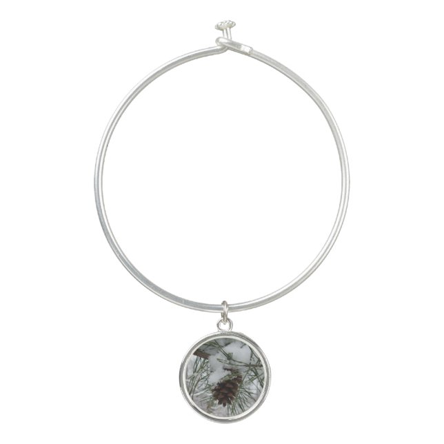 Snowy Pine Branch Winter Nature Photography Bangle Bracelet (Front)