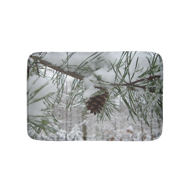Snowy Pine Branch Winter Nature Photography Bath Mat (Front)