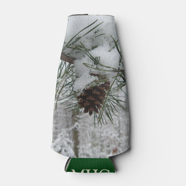 Snowy Pine Branch Winter Nature Photography Bottle Cooler (Front)