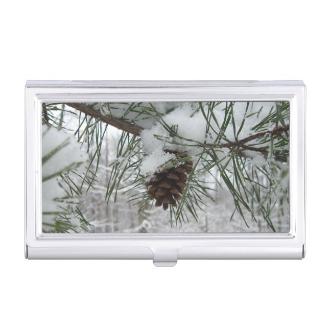 Snowy Pine Branch Winter Nature Photography Business Card Holder (Front)