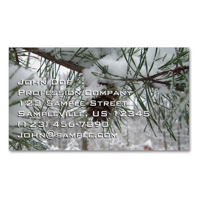 Snowy Pine Branch Winter Nature Photography Business Card Magnet (Front)