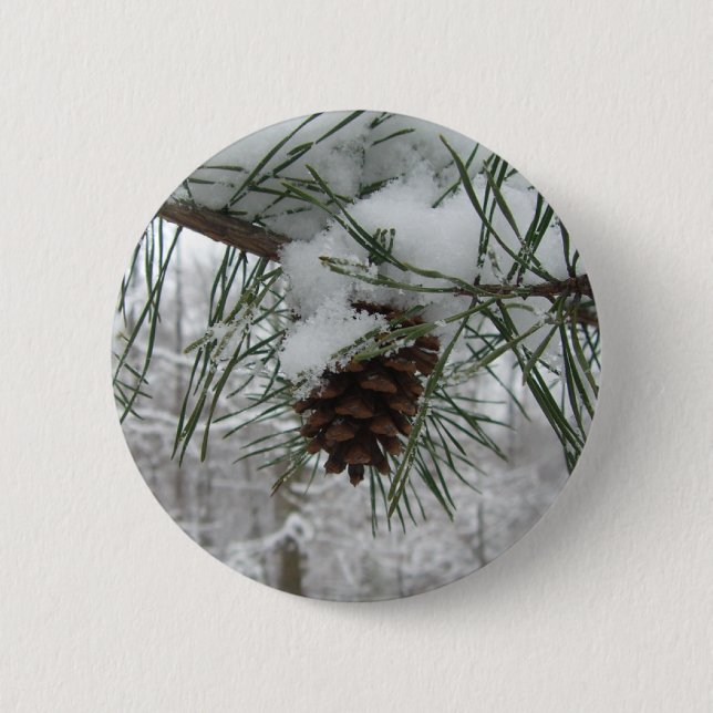 Snowy Pine Branch Winter Nature Photography Button (Front)
