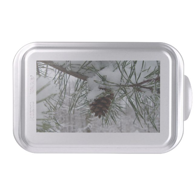 Snowy Pine Branch Winter Nature Photography Cake Pan (Front)