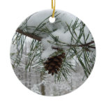 Snowy Pine Branch Winter Nature Photography Ceramic Ornament