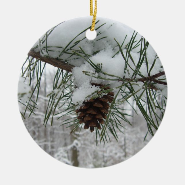 Snowy Pine Branch Winter Nature Photography Ceramic Ornament (Front)