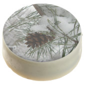 Snowy Pine Branch Winter Nature Photography Chocolate Covered Oreo (Angled)