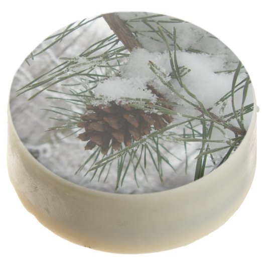 Snowy Pine Branch Winter Nature Photography Chocolate Covered Oreo (Angled)