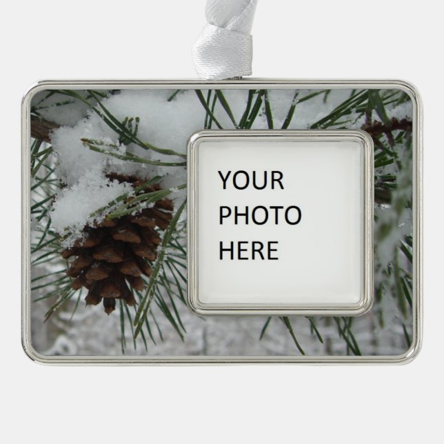 Snowy Pine Branch Winter Nature Photography Christmas Ornament (Front)