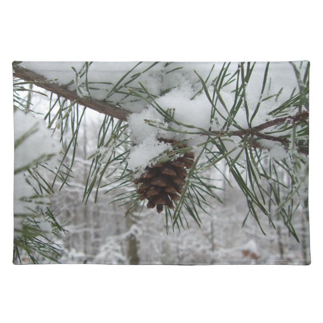 Snowy Pine Branch Winter Nature Photography Cloth Placemat (Front)