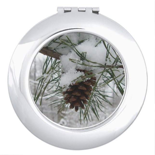 Snowy Pine Branch Winter Nature Photography Compact Mirror (Front)