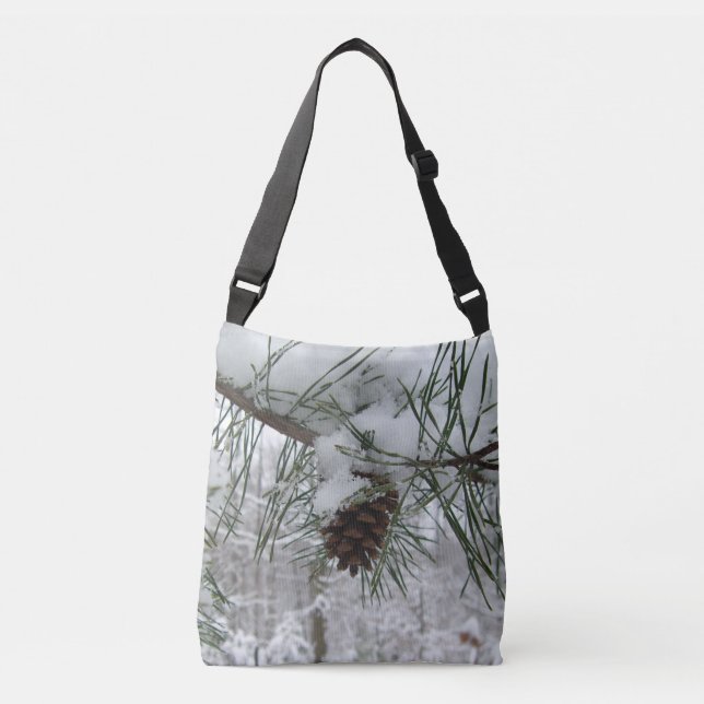 Snowy Pine Branch Winter Nature Photography Crossbody Bag (Front)